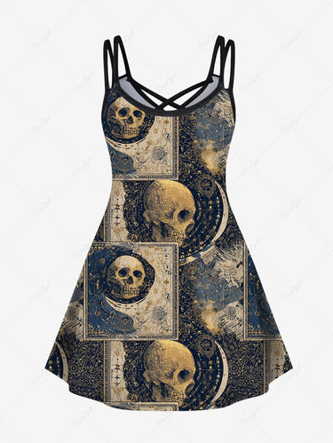 Gothic Plus Size Skull Moon Tarot Print Crisscross Strappy A Line Cami Dress