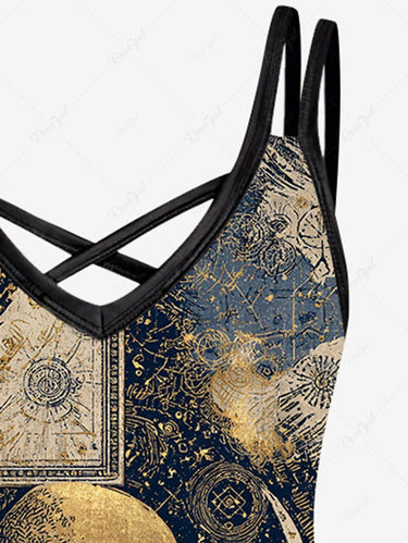 Gothic Plus Size Skull Moon Tarot Print Crisscross Strappy A Line Cami Dress