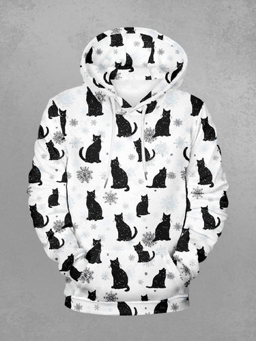 Gothic Plus Size Christmas Snowflake Cat Print Pullover Long Sleeves Hoodie For Men