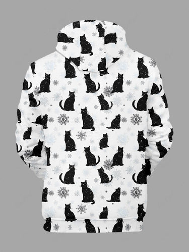 Gothic Plus Size Christmas Snowflake Cat Print Pullover Long Sleeves Hoodie For Men