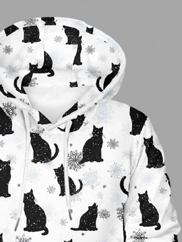 Gothic Plus Size Christmas Snowflake Cat Print Pullover Long Sleeves Hoodie For Men