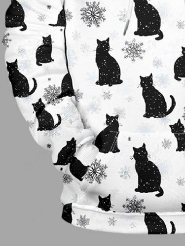 Gothic Plus Size Christmas Snowflake Cat Print Pullover Long Sleeves Hoodie For Men