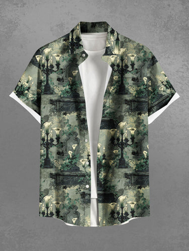 Gothic Plus Size Lily Flower Candle Holder Print Button Pocket Shirt For Men