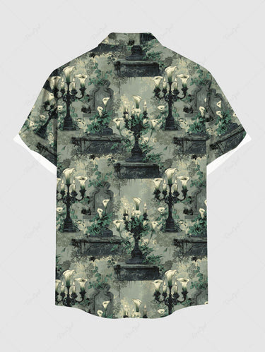 Gothic Plus Size Lily Flower Candle Holder Print Button Pocket Shirt For Men