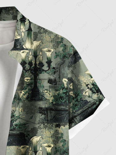 Gothic Plus Size Lily Flower Candle Holder Print Button Pocket Shirt For Men