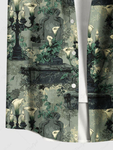 Gothic Plus Size Lily Flower Candle Holder Print Button Pocket Shirt For Men