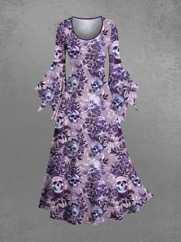 Gothic Skull Leaf Branch Print A Line Dress