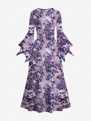 Gothic Skull Leaf Branch Print A Line Dress