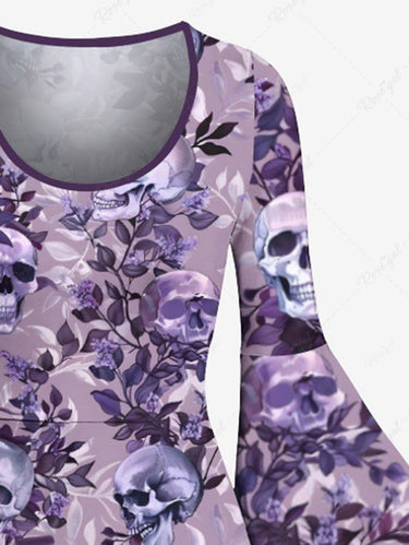 Gothic Skull Leaf Branch Print A Line Dress