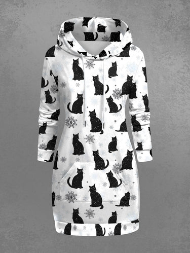 Gothic Plus Size Christmas Snowflake Cat Print Pullover Long Sleeves Hoodie
