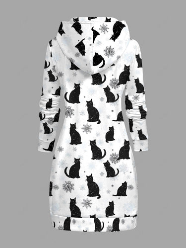 Gothic Plus Size Christmas Snowflake Cat Print Pullover Long Sleeves Hoodie