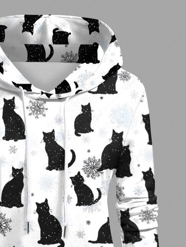 Gothic Plus Size Christmas Snowflake Cat Print Pullover Long Sleeves Hoodie