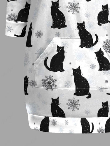 Gothic Plus Size Christmas Snowflake Cat Print Pullover Long Sleeves Hoodie