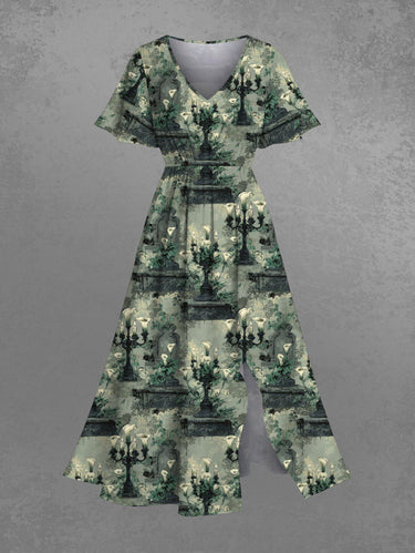 Gothic Plus Size Lily Flower Candle Holder Print Split Pocket A Line Midi Dress