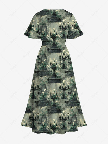 Gothic Plus Size Lily Flower Candle Holder Print Split Pocket A Line Midi Dress