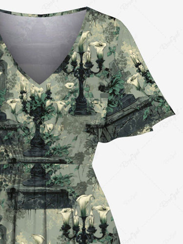 Gothic Plus Size Lily Flower Candle Holder Print Split Pocket A Line Midi Dress
