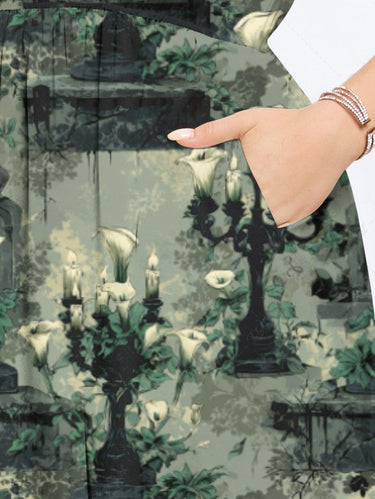 Gothic Plus Size Lily Flower Candle Holder Print Split Pocket A Line Midi Dress