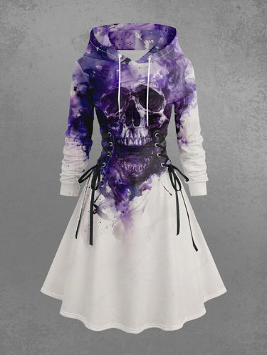 Gothic Plus Size Skull Painting Print Lace Up A Line Hooded Dress