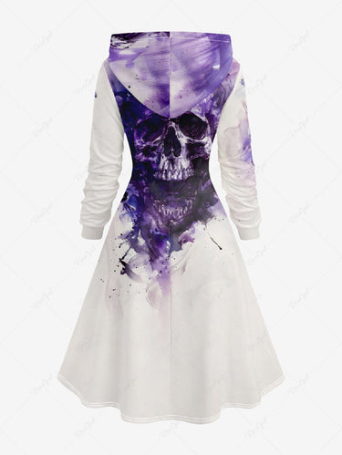 Gothic Plus Size Skull Painting Print Lace Up A Line Hooded Dress
