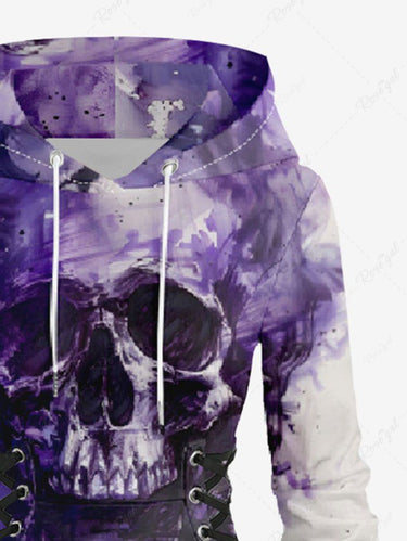 Gothic Plus Size Skull Painting Print Lace Up A Line Hooded Dress