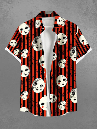 Gothic Plus Size Weird Face Spider Web Striped Print Button Pocket Shirt For Men