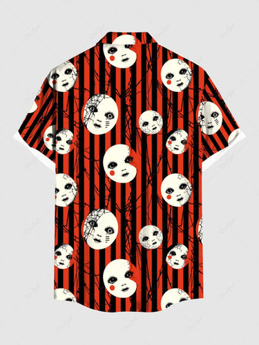 Gothic Plus Size Weird Face Spider Web Striped Print Button Pocket Shirt For Men