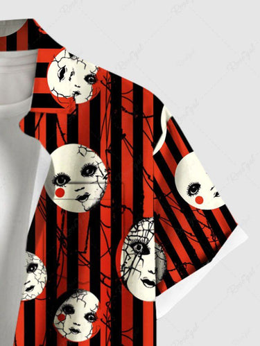 Gothic Plus Size Weird Face Spider Web Striped Print Button Pocket Shirt For Men