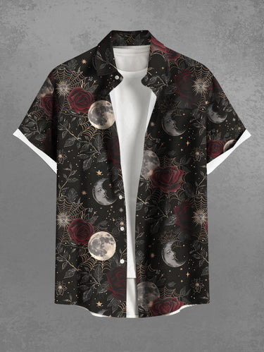 Gothic Plus Size Moon Spider Web Rose Flower Print Button Pocket Shirt For Men