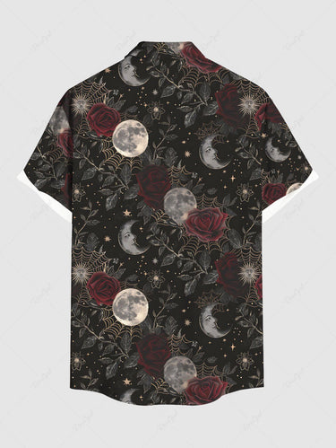Gothic Plus Size Moon Spider Web Rose Flower Print Button Pocket Shirt For Men