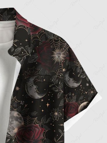 Gothic Plus Size Moon Spider Web Rose Flower Print Button Pocket Shirt For Men