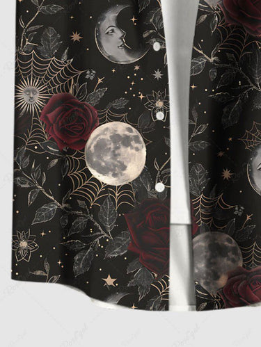 Gothic Plus Size Moon Spider Web Rose Flower Print Button Pocket Shirt For Men