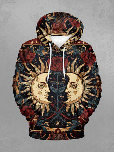 Gothic Plus Size Sun Moon Face Rose Flower Print Pullover Long Sleeves Hoodie For Men
