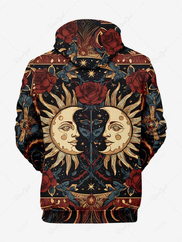Gothic Plus Size Sun Moon Face Rose Flower Print Pullover Long Sleeves Hoodie For Men