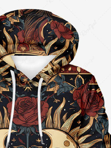Gothic Plus Size Sun Moon Face Rose Flower Print Pullover Long Sleeves Hoodie For Men