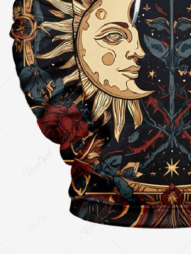 Gothic Plus Size Sun Moon Face Rose Flower Print Pullover Long Sleeves Hoodie For Men