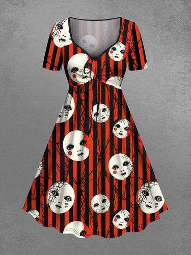Gothic Plus Size Weird Face Spider Web Striped Print Cinched A Line Dress