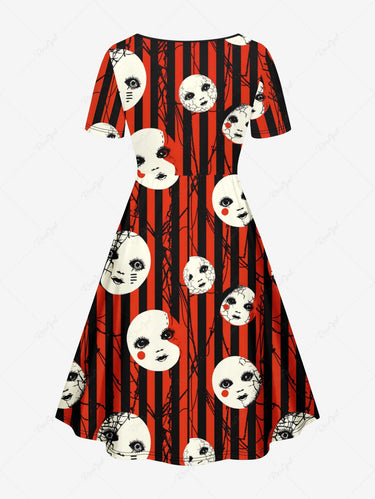 Gothic Plus Size Weird Face Spider Web Striped Print Cinched A Line Dress