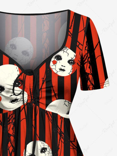 Gothic Plus Size Weird Face Spider Web Striped Print Cinched A Line Dress
