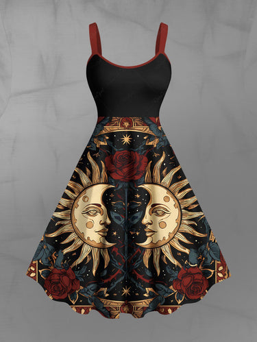 Gothic Plus Size Sun Moon Face Rose Flower Print A Line Dress