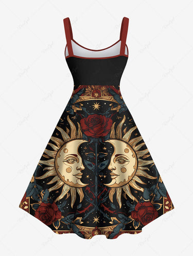 Gothic Plus Size Sun Moon Face Rose Flower Print A Line Dress