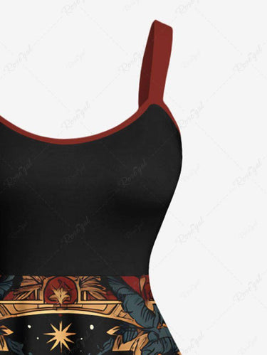 Gothic Plus Size Sun Moon Face Rose Flower Print A Line Dress