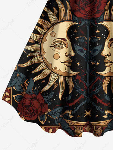 Gothic Plus Size Sun Moon Face Rose Flower Print A Line Dress
