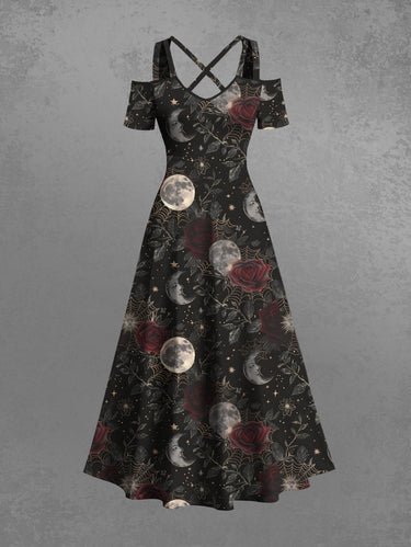 Gothic Plus Size Moon Spider Web Rose Flower Print Cold Shoulder Crisscross A Line Maxi Dress