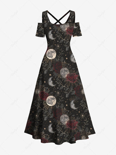 Gothic Plus Size Moon Spider Web Rose Flower Print Cold Shoulder Crisscross A Line Maxi Dress