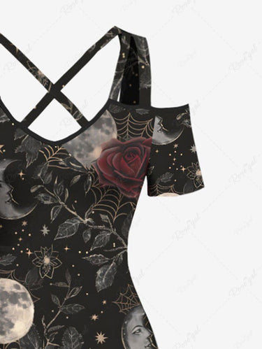 Gothic Plus Size Moon Spider Web Rose Flower Print Cold Shoulder Crisscross A Line Maxi Dress