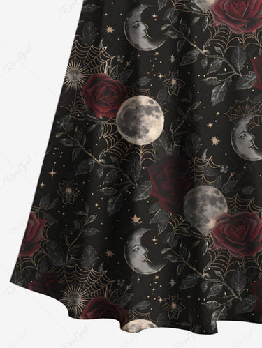 Gothic Plus Size Moon Spider Web Rose Flower Print Cold Shoulder Crisscross A Line Maxi Dress