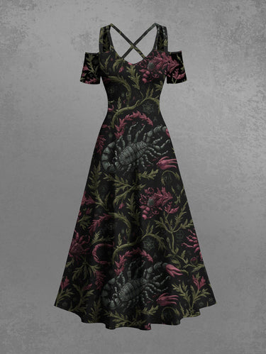 Gothic Plus Size Scorpion Grass Print Cold Shoulder Crisscross A Line Maxi Dress