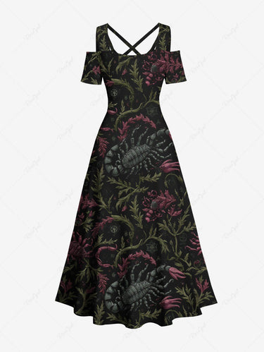Gothic Plus Size Scorpion Grass Print Cold Shoulder Crisscross A Line Maxi Dress
