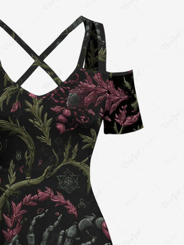 Gothic Plus Size Scorpion Grass Print Cold Shoulder Crisscross A Line Maxi Dress