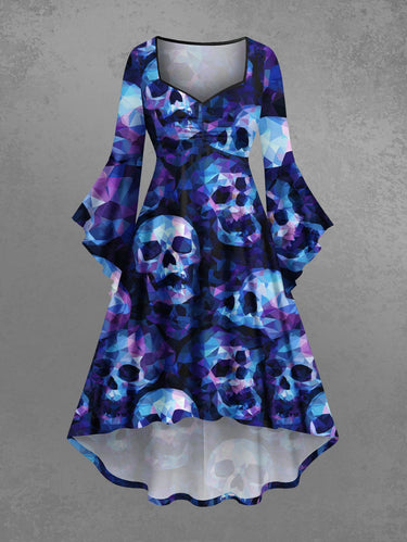 Gothic Plus Size Ombre Skull Print Ruched High Low Asymmetric Dress
